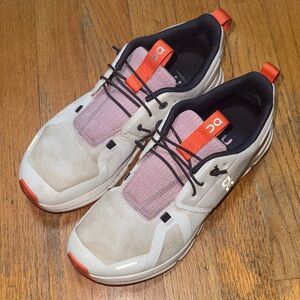 On Cloud Running Sneakers in Cream with Pink and Orange Accents